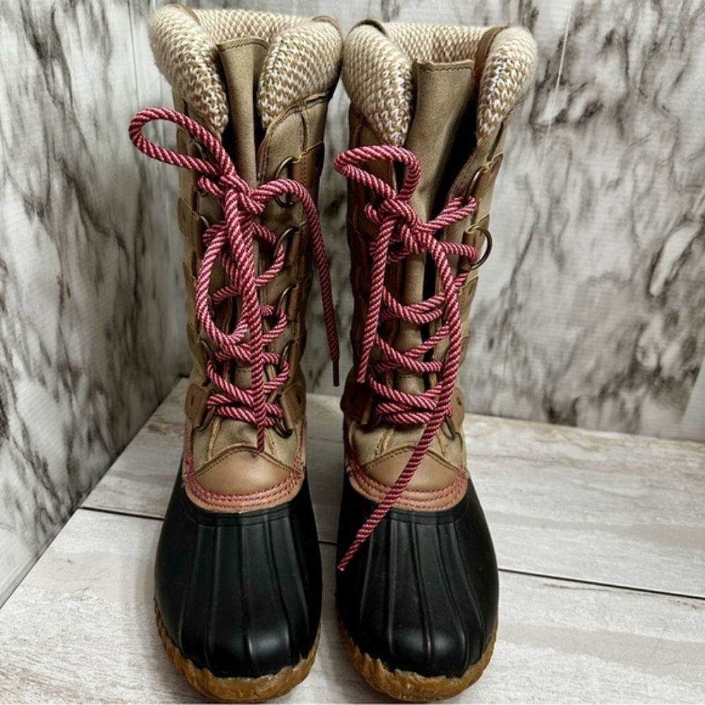 Espirit Women Sz 7 Pink Tan Belinda Muck Boots Farmcore Lace Up Tall Duck Shoes